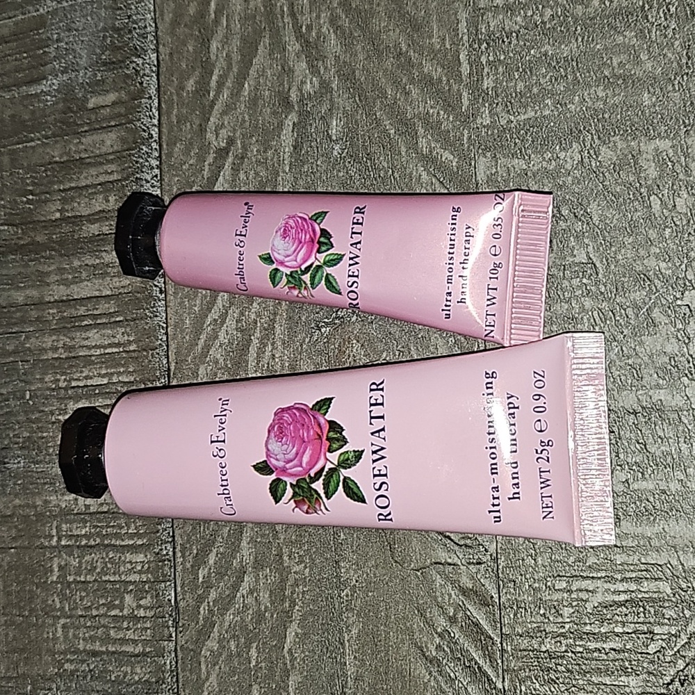 2 Crabtree & Evelyn rosewater hand creams 0.9oz and 0.35oz new unopened